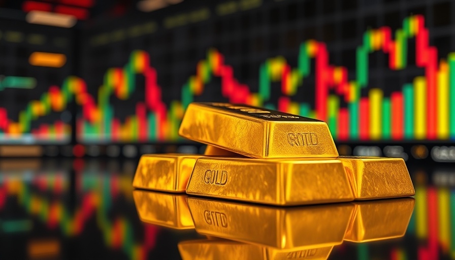 Conceptual image of gold bars with fluctuating stock market graphs symbolizing tariff uncertainty and gold prices.