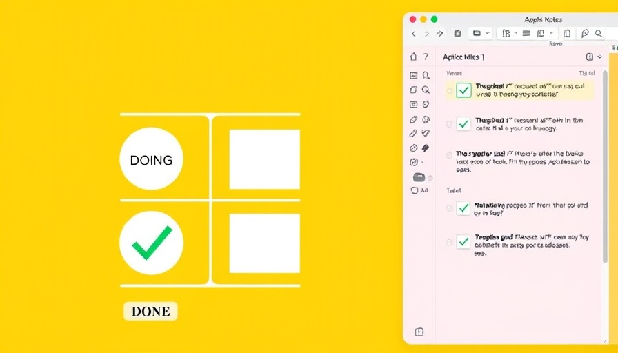Vertical Kanban illustration in Apple Notes style on yellow background.