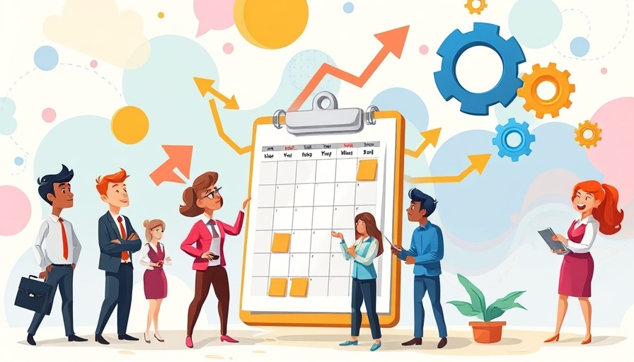 Colorful illustration of project management tools with diverse workers and icons.