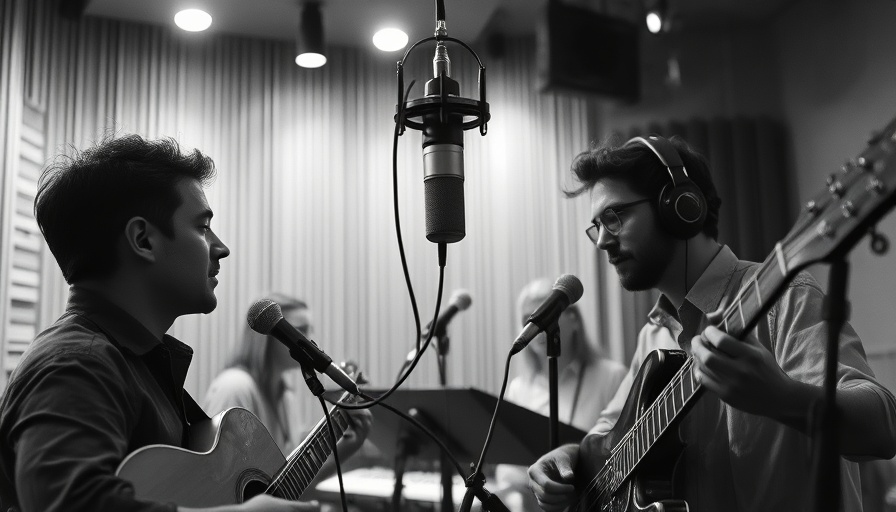 Musicians focused in a vintage recording studio, symbolizing artistic success.