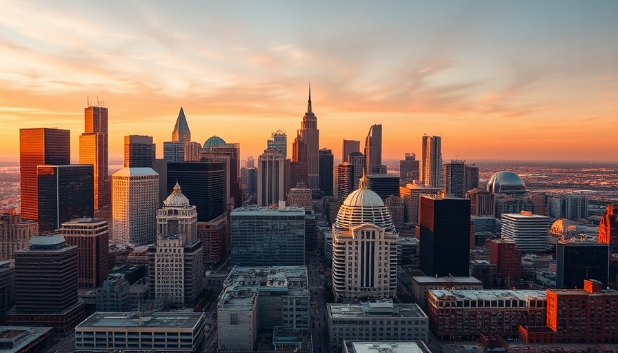 Detroit skyline showcasing economic development at sunset.