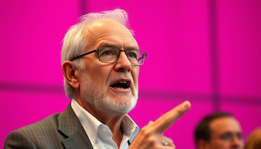Elderly man speaks at a conference, vibrant magenta backdrop, AI job loss concept.