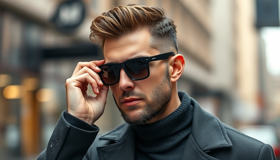 Stylish man adjusting AI smart glasses with thoughtful expression.
