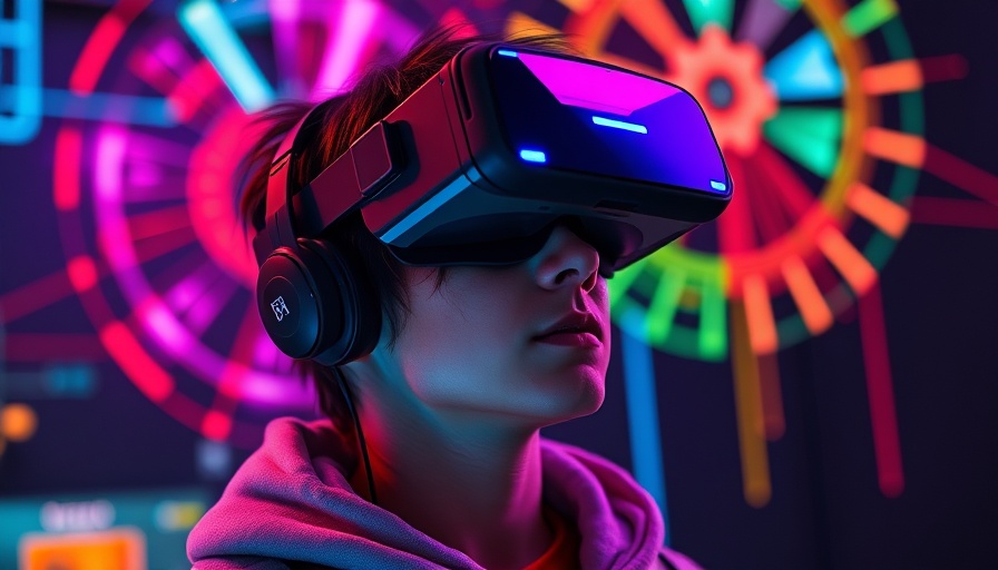 Futuristic person using VR headset in digital environment.