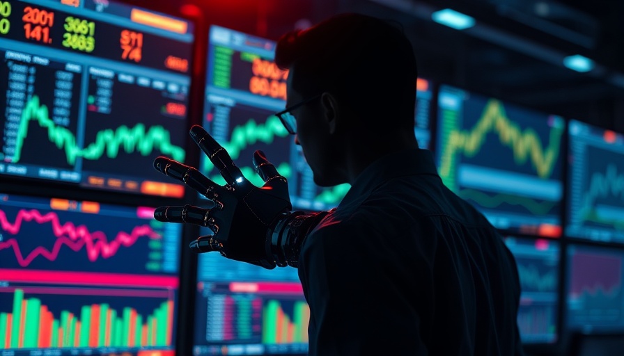 AI job cuts concept with robotic hand and stock market. Futuristic finance.