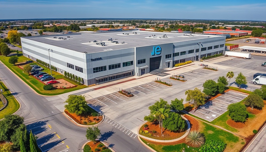 Modern industrial building with large blue logo, aerial view.