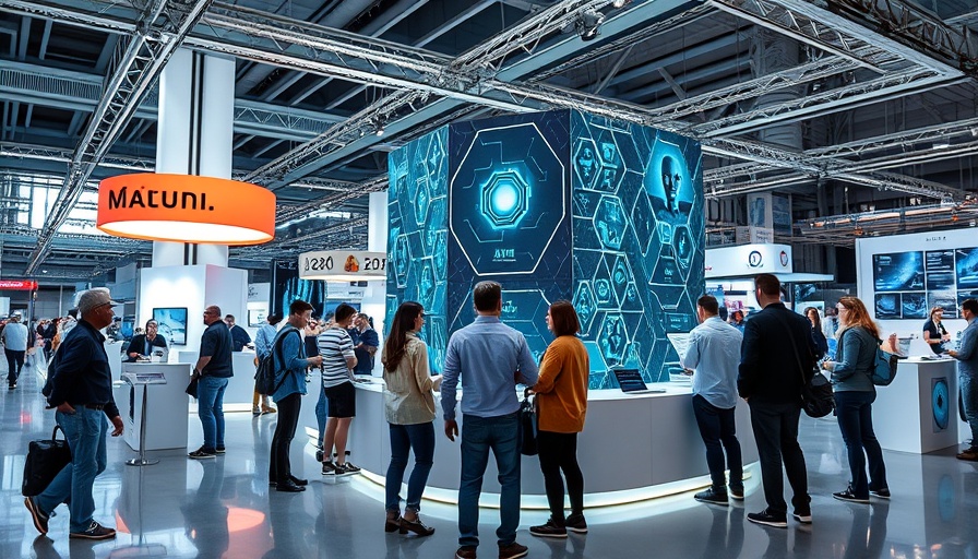 AI technology exhibition booth with attendees, symbolizing AI job cuts.