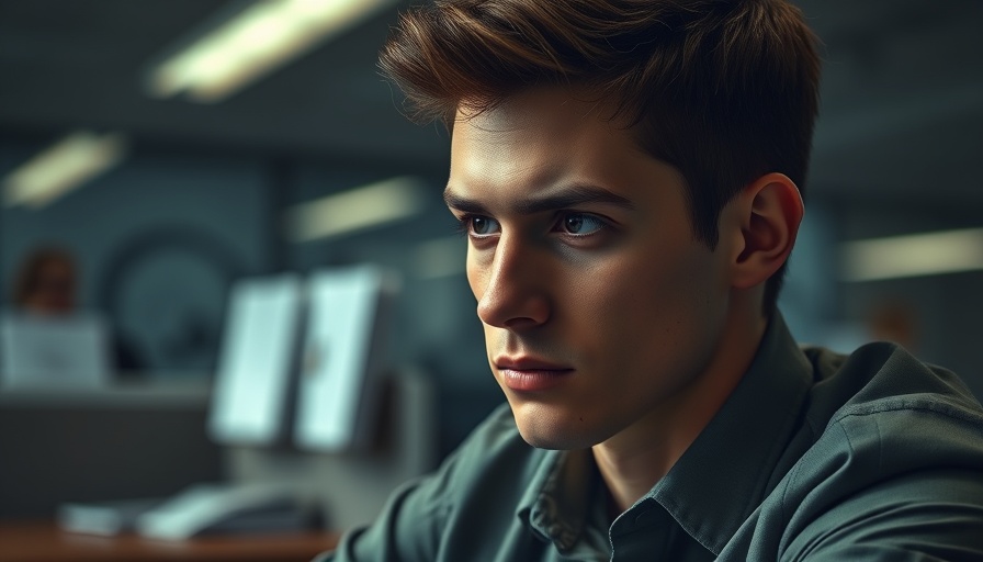Pensive man in office reflecting on AI job cuts.