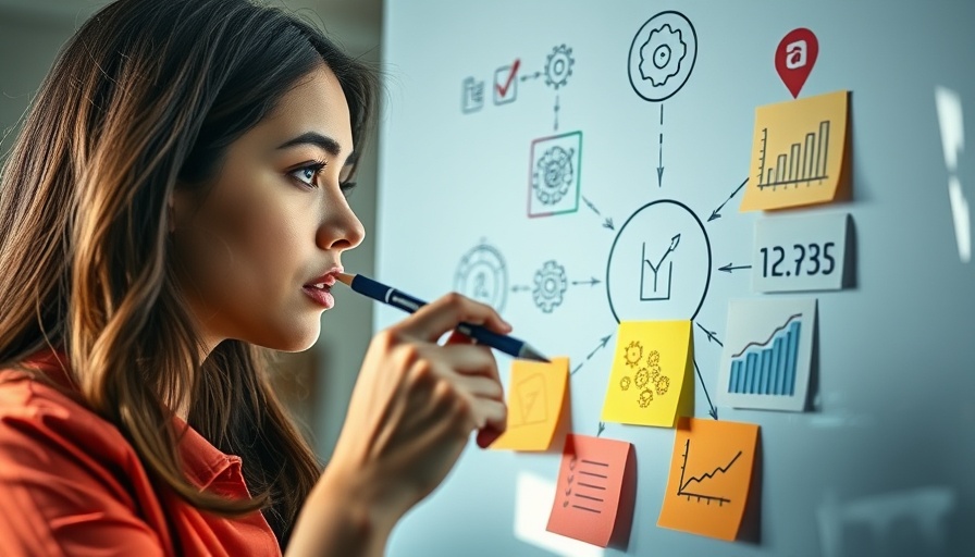 Contemplative woman with marker in front of business systems diagram.