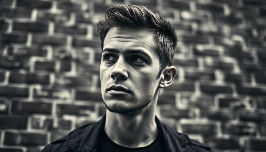 Pensive young man in casual wear, urban background, monochrome portrait.