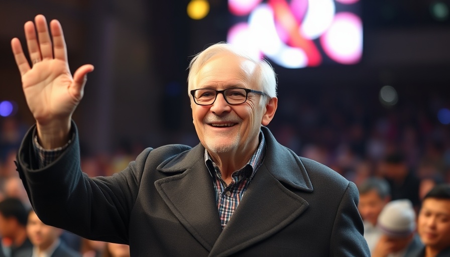 Elderly man in a suit smiling and waving in a crowd setting.