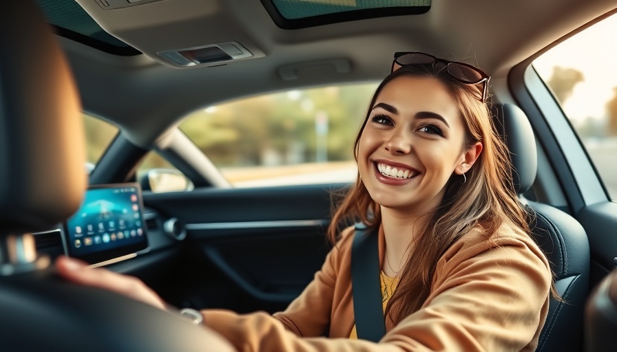 Autonomous car with smiling woman hands-free driving.