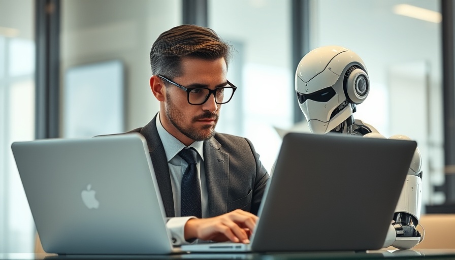 AI job cuts concept with businessman and robot in office.