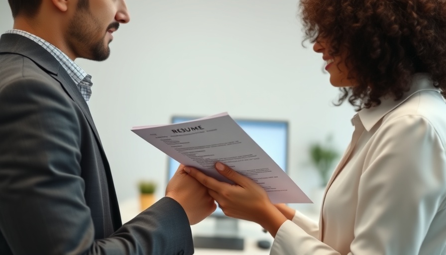 Hands exchanging a resume in an office for automated job application.