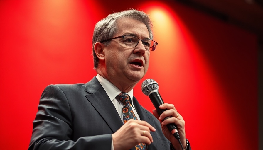 Speaker in suit with microphone addressing audience