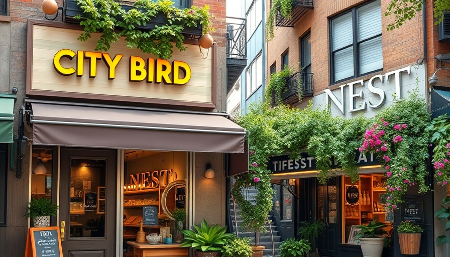 Charming city storefronts in Michigan with signs and greenery