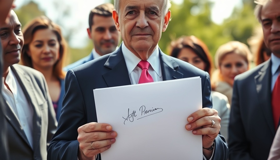 Older man holding a signed document outdoors, surrounded by people, daytime.