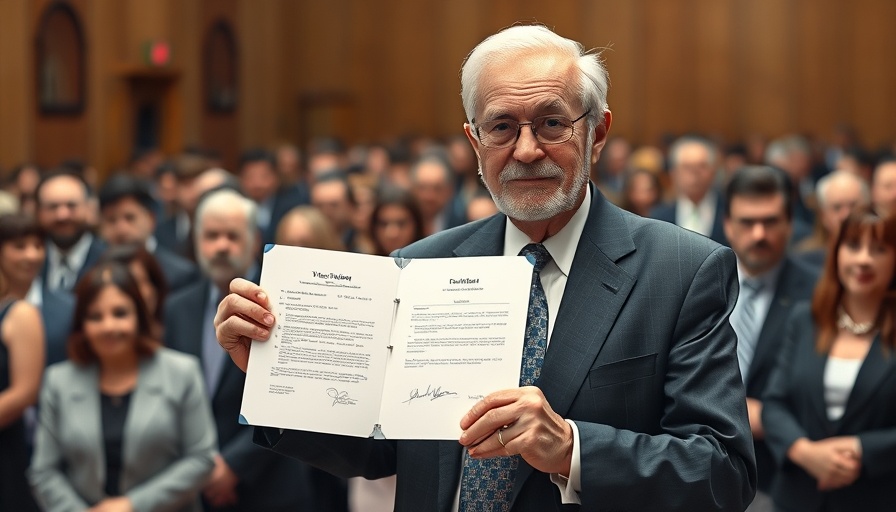 Older man holding a signed document in a formal setting.