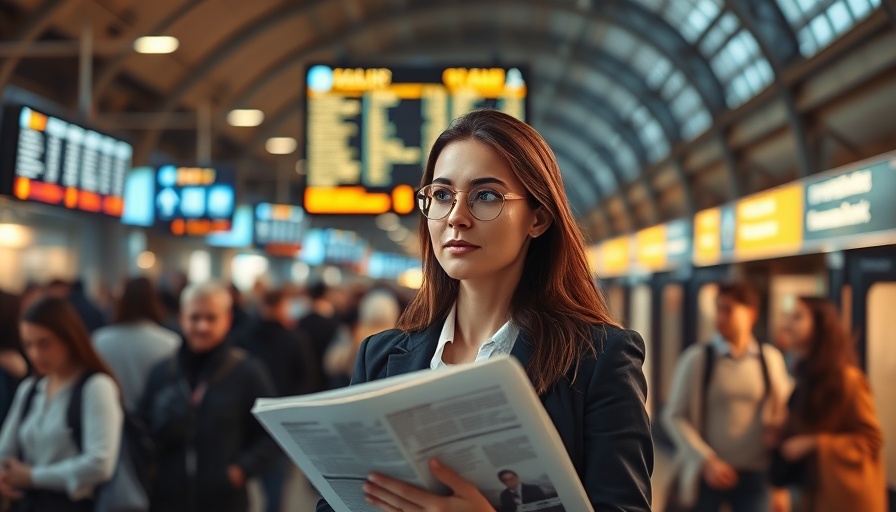 Businesswoman watching digital display at train station.
