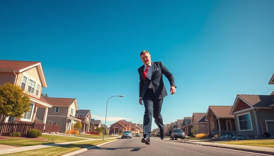 Figures towering in suburbia causing mortgage turmoil, dramatic scene.