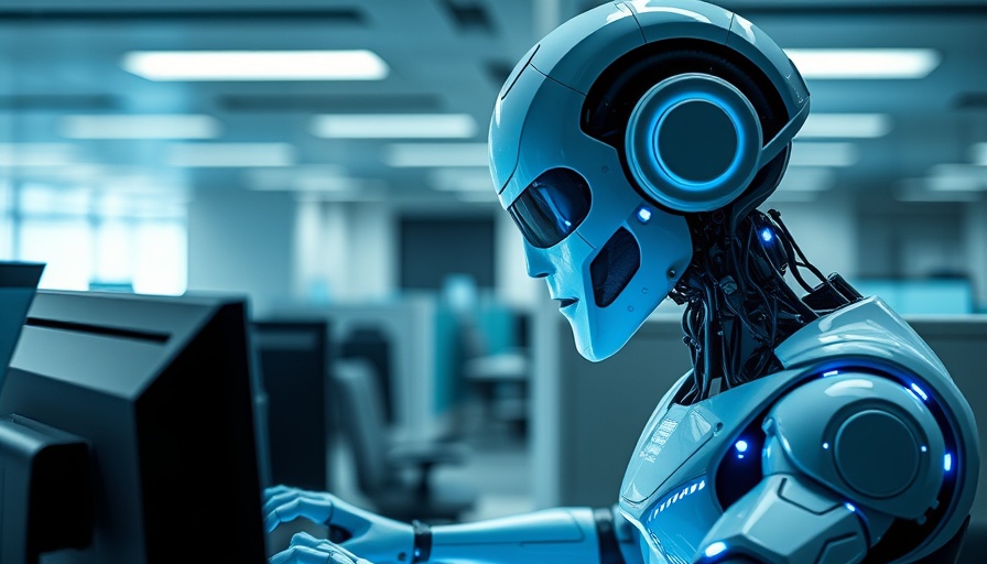 Futuristic robot at computer desk representing AI job cuts.