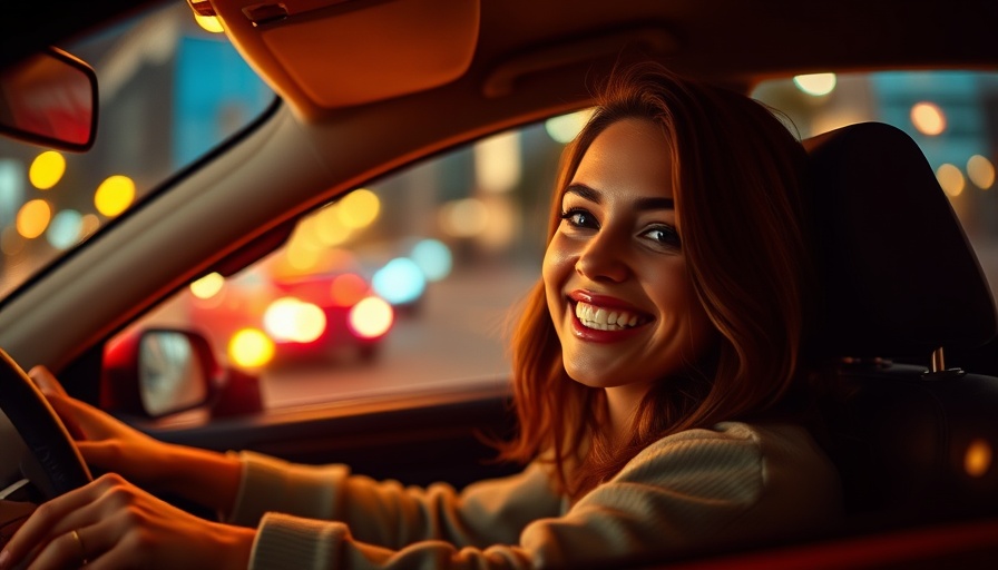Joyful woman in car at night related to Cleveland job creation.