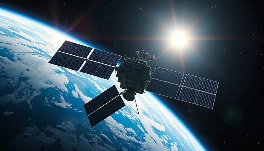 Photorealistic satellite orbiting Earth with solar panels.