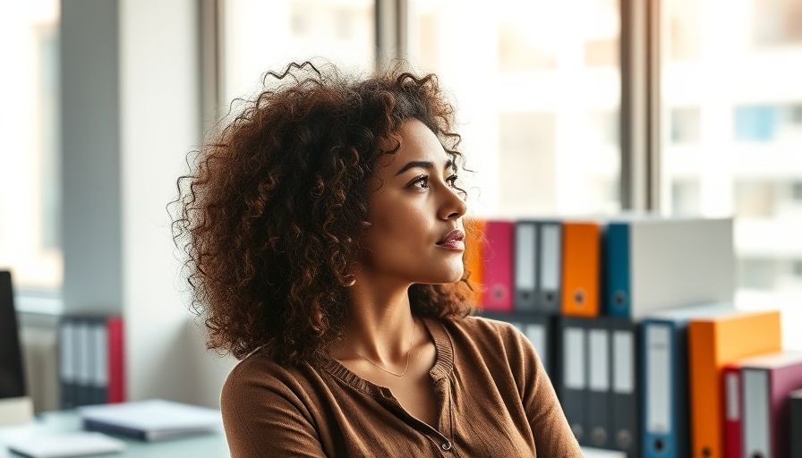 Woman pondering in office, ADHD workplace productivity challenges.