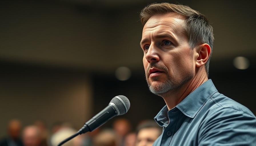 Serious male addressing AI job cuts at a conference.