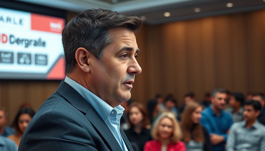 Middle-aged professional presenting at a corporate conference.