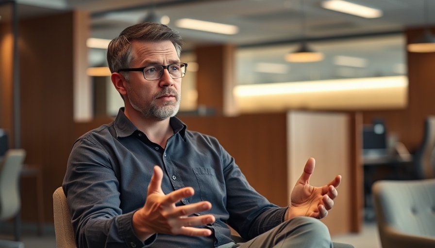 Middle-aged man explaining AI job cuts in a modern office.