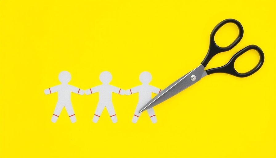 Illustration of job cuts with scissors cutting paper dolls, AI job cuts concept.