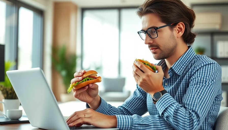 Professional multitasking with a sandwich and laptop, bright office setting.