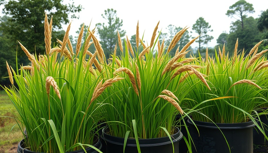 Wild rice cultivation setup in Ontario with containers under cloudy sky.
