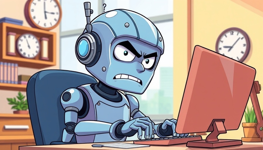 Cartoon robot stressed at computer captures AI job cuts theme