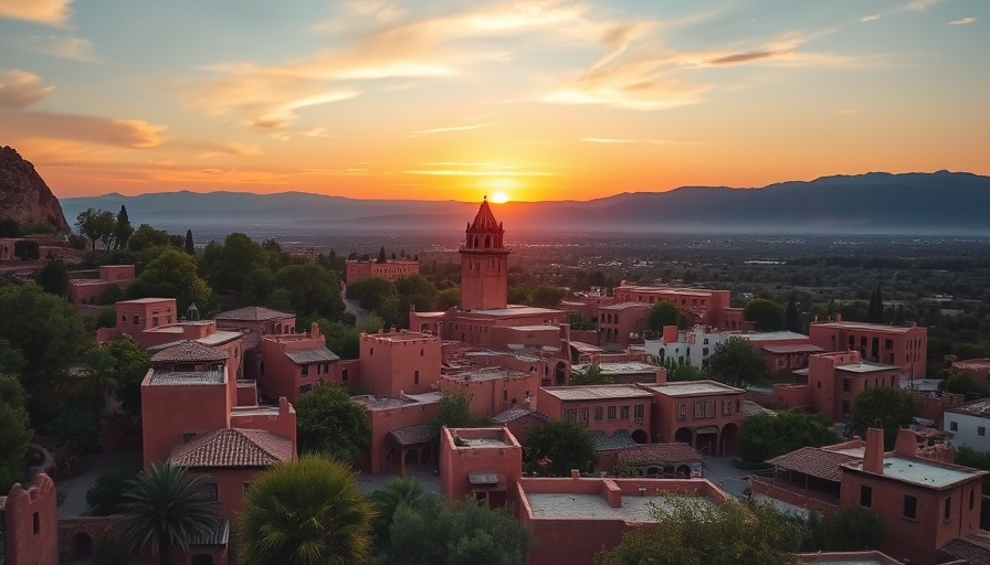 Charming cityscape with adobe buildings and greenery at sunset.