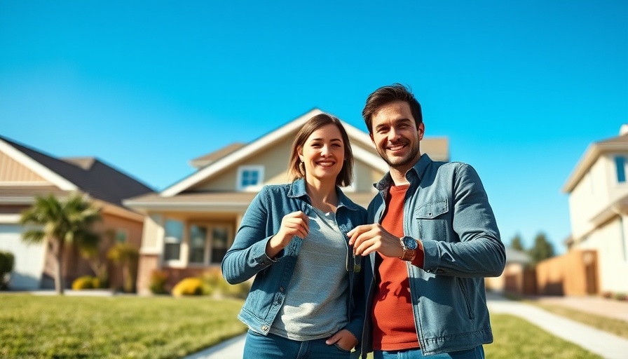 Newlywed homebuying couple with keys in front of new house.