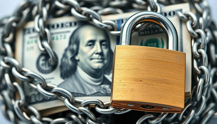 Chained hundred-dollar bill with padlock representing creditor account freeze.