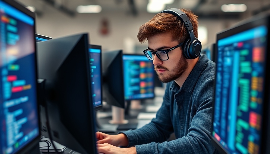 Programmer coding on multiple monitors in office, related to AI job cuts