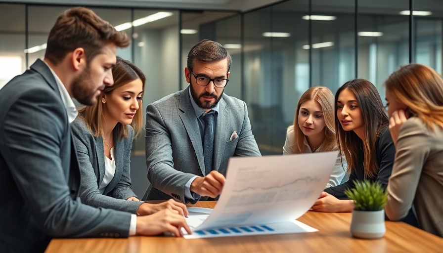 Confident leader guiding team in office meeting, leadership practice optimism.