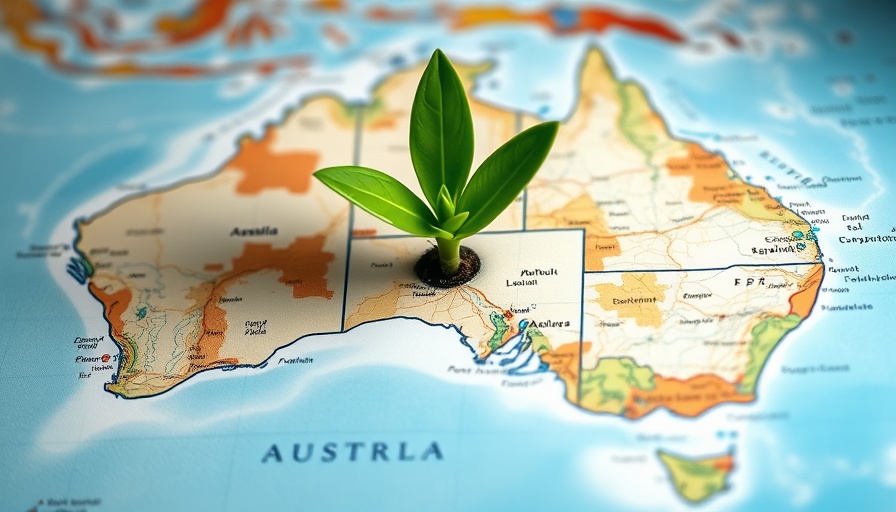 Green plant symbolizing ESG growth on Australian map.