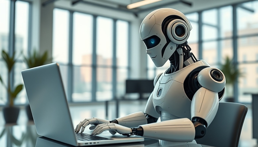 Futuristic humanoid robot working on a laptop in a modern office, reflecting AI job cuts.