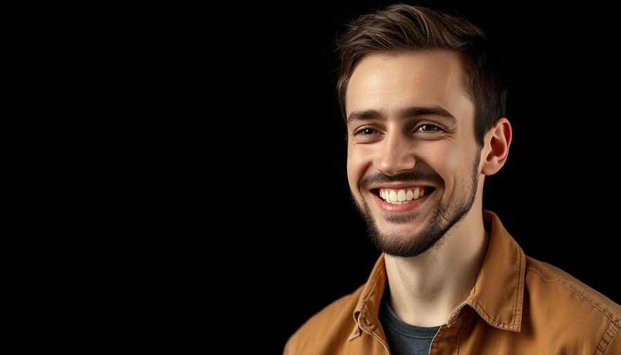 Casually smiling man promoting men's skincare business.