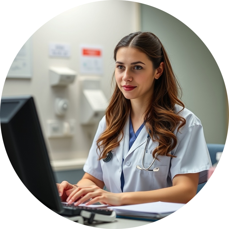 Administrative female medical clerk managing patient records efficiently.