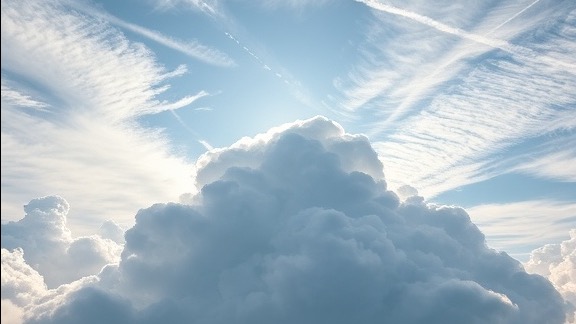 innovative backup cloud, serene expression, floating above servers, photorealistic, cloud-filled skies with sunlight breaking through, highly detailed, swirling cloud patterns, intricate data streams, azure and silver, natural sunlight, shot with a wide-angle lens.