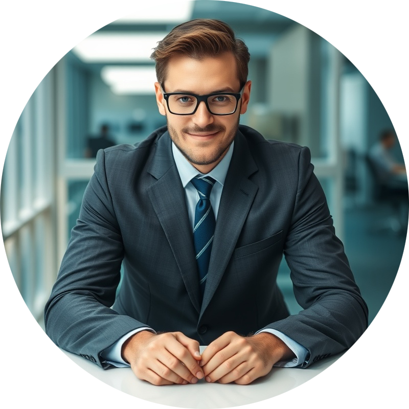 Male professional in human resource environment, confident and engaging.