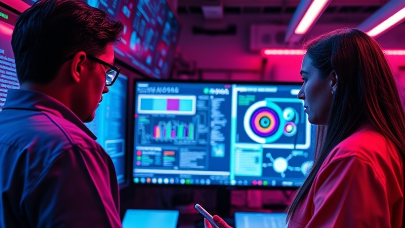 Innovative consulting digital scene with user interface design in a tech lab.
