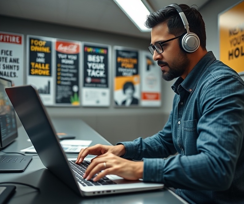 Photorealistic helpdesk scene of a Hispanic male typing rapidly on a sleek laptop.