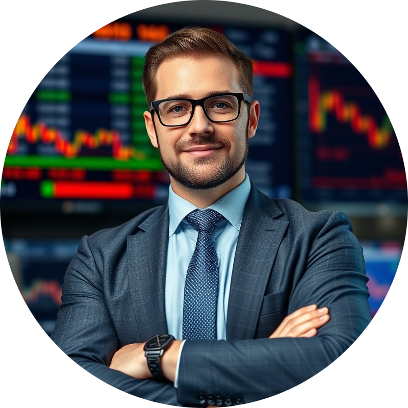Professional stock broker male in a modern office setting.