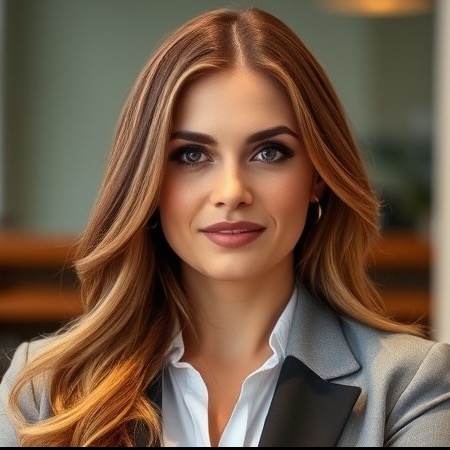 Confident female attorney in a legal setting, showcasing professionalism and focus.